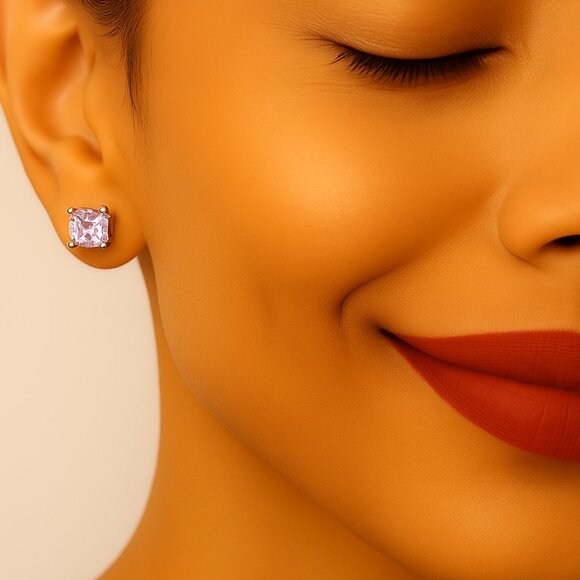 Lavender CZ Stud Earrings | Sterling Silver Overlay Princess Cut Crystal Jewelry main image 2